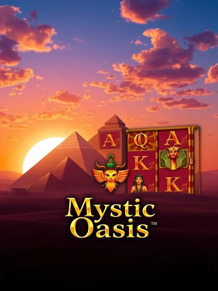 A captivating image of the 'Mystic Oasis' slot game, featuring symbols such as ancient pyramids, scarab beetles, and pharaohs, set against a desert landscape at sunset. The game's logo is elegantly designed.