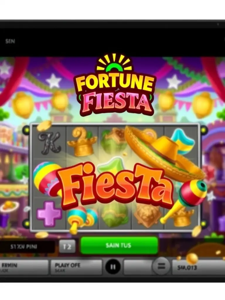 A vibrant image of the 'Fortune Fiesta' slot game interface, showcasing colorful symbols like piñatas, sombreros, and maracas, set against a festive Mexican backdrop. The game's logo is prominently displayed.