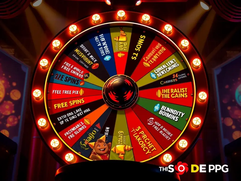 A dynamic image featuring a spinning wheel with various bonus prizes, such as free spins, multipliers, and cash rewards, highlighting the excitement of daily promotions at Slot De PG.