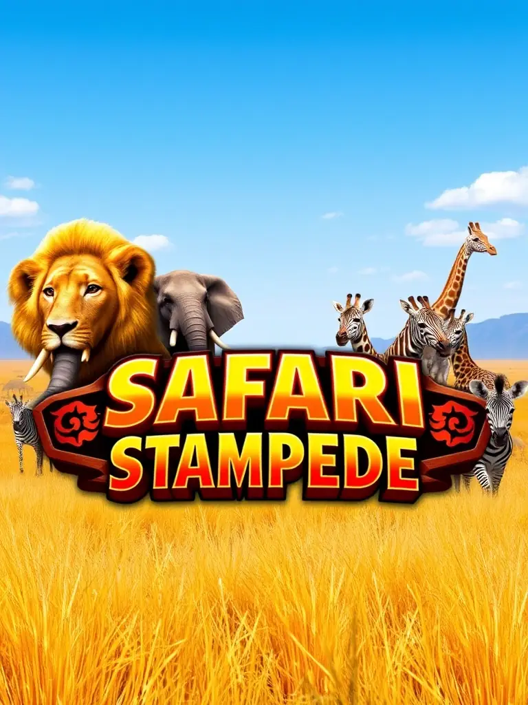 An enticing image of the 'Safari Stampede' slot game, featuring symbols like lions, elephants, zebras, and giraffes, set against an African savanna backdrop. The game's logo is bold and adventurous.