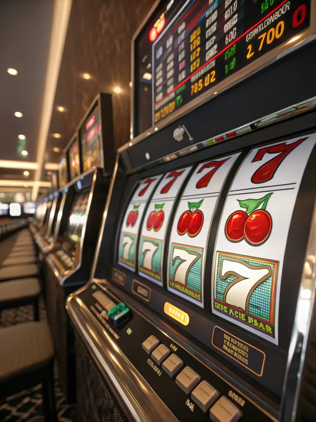 A high-definition image of a slot game featuring a classic fruit theme, with cherries, lemons, and lucky sevens prominently displayed on the reels. The background is a vibrant red, evoking a sense of nostalgia and traditional slot machine excitement.