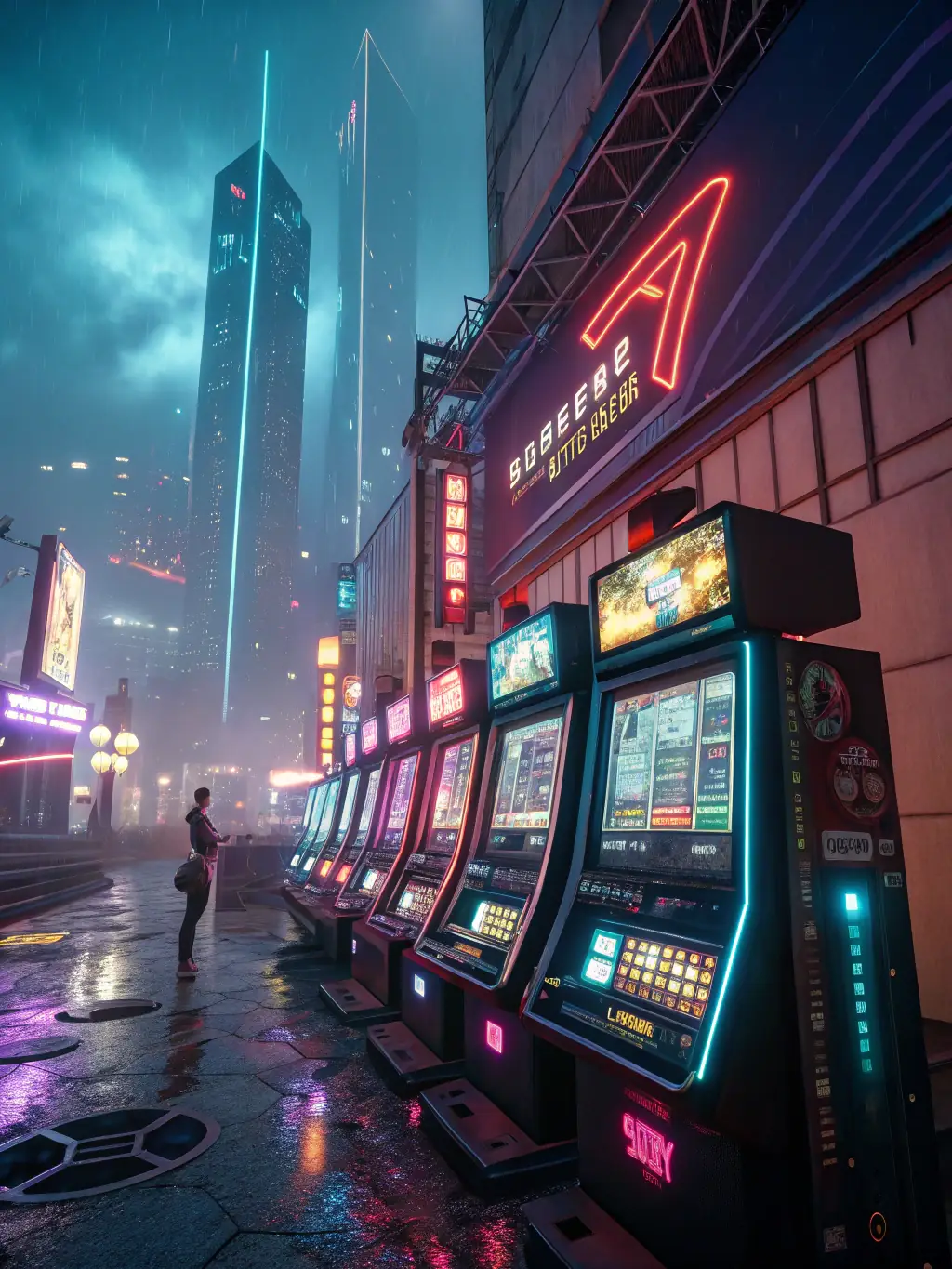 A futuristic-themed slot game image, showcasing sleek robots and neon-lit cityscapes. The reels feature high-tech symbols and futuristic gadgets, with a holographic interface visible in the background, creating a sense of advanced technology.