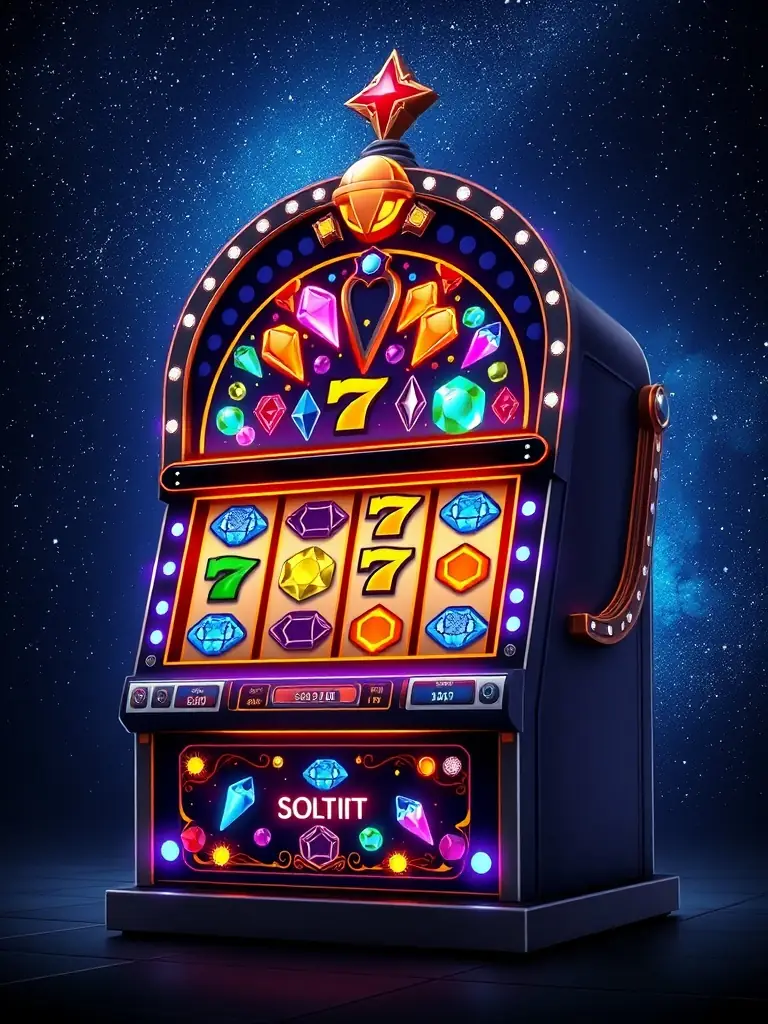 A dynamic image of the 'Galactic Gems' slot game, showcasing sparkling gems, futuristic spaceships, and cosmic backgrounds. The game's logo is sleek and modern.