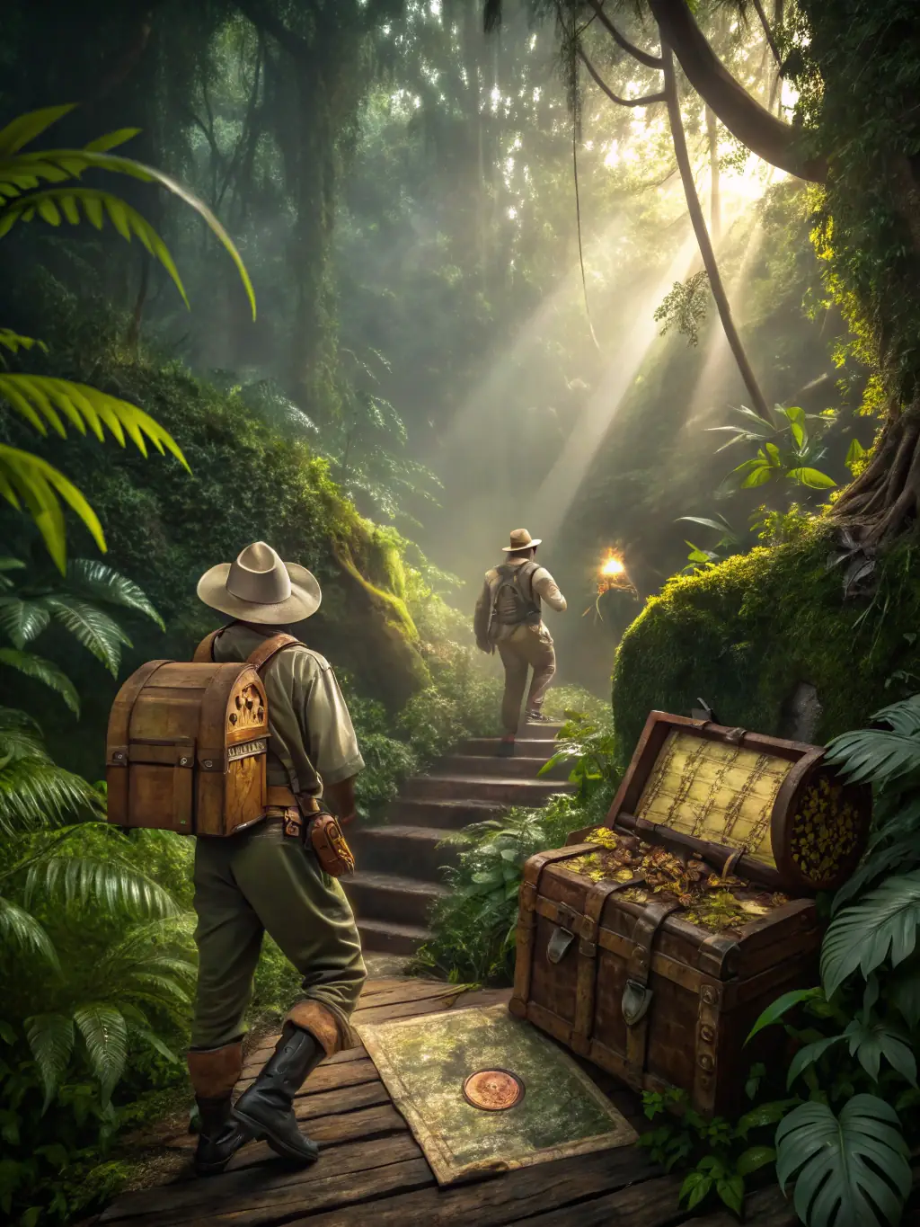 An image of an adventure-themed slot game, showcasing a brave explorer in a jungle setting. The reels feature ancient artifacts and exotic animals, with a treasure map visible in the background, hinting at hidden riches.